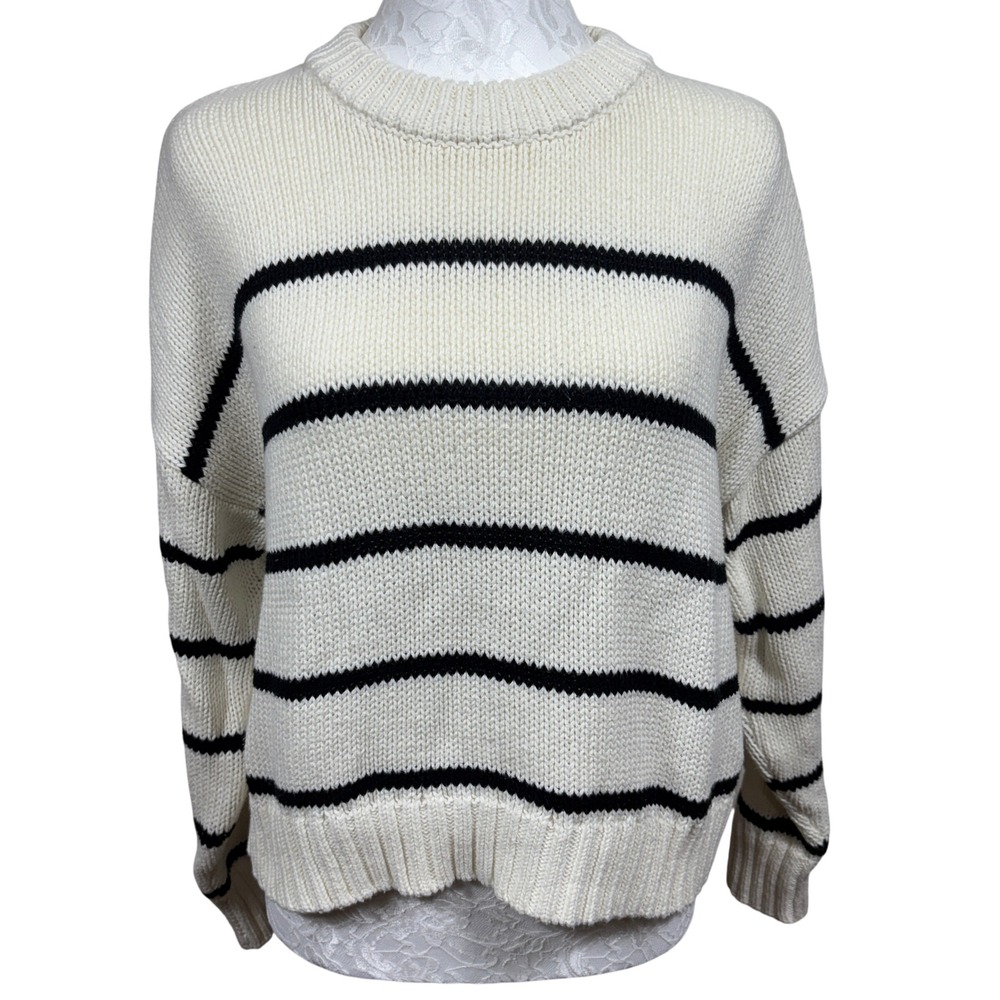 Jenni Kayne Chloe Cream Black Stripe Shaker Jersey Knit Crewneck Sweater Women S